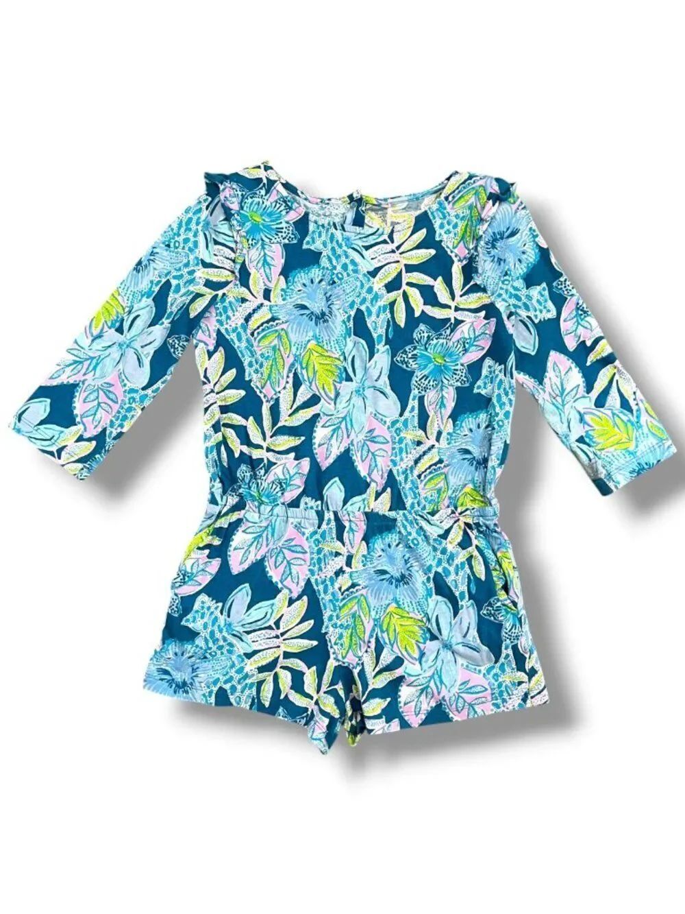 Lilly Pulitzer Girls Blue Tropical Summer Floral Romper Ruffle Shoulder Size 6-7